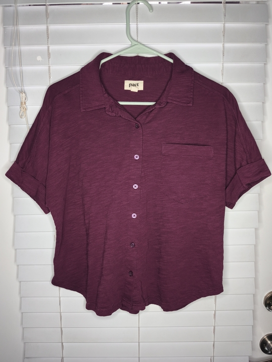 Pact Organic Tops - Pact Organic Cotton Short Sleeve Button Up Shirt Women's Size S Burgundy Pocket